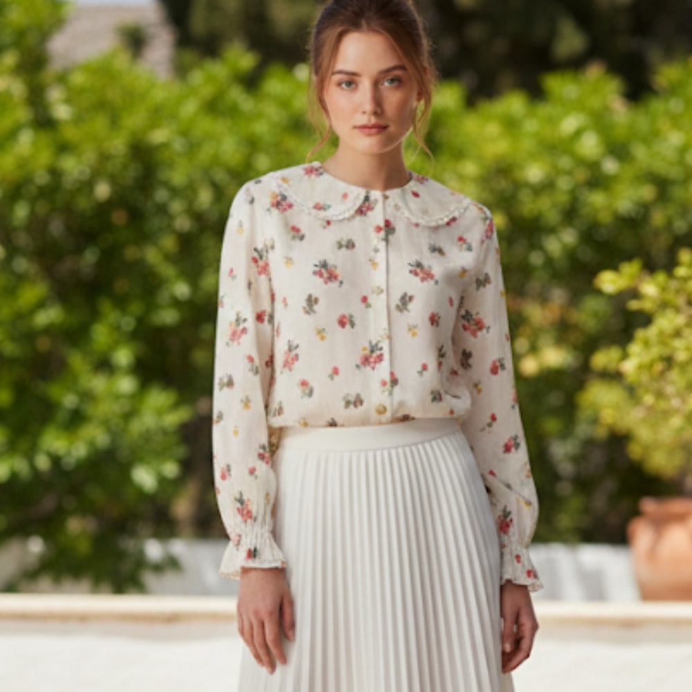 Hill House White Floral Pearl Button lace Collar Long Sleeve Blouse Small
